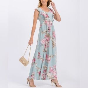 Floral Scoop Neck Maxi Dress in Blue and Pink Medium